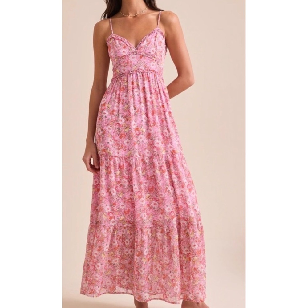 Arula Kezia Pink Multi Floral Tiered Maxi Dress Plus Size 0X Ruffle V-Neck Q83P